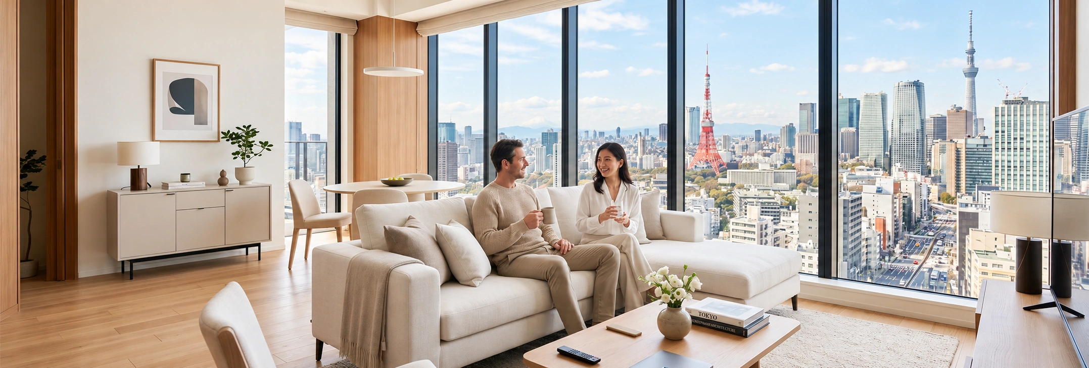 A couple relaxing in a warm living room overlooking the Tokyo skyline